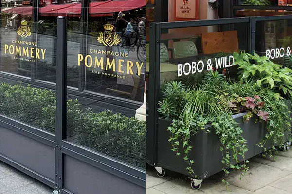 Two examples of windbreaks customised with logos